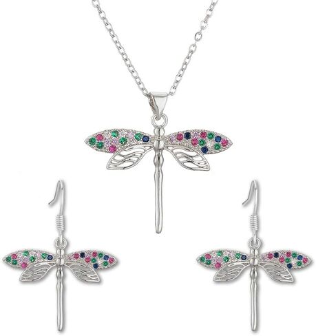 Colorful Rhinestone Dragonfly Earrings and Necklace Set for Women Sparkling Crystal Bohemian Birthday Wedding Jewelry in Saudi Arabia