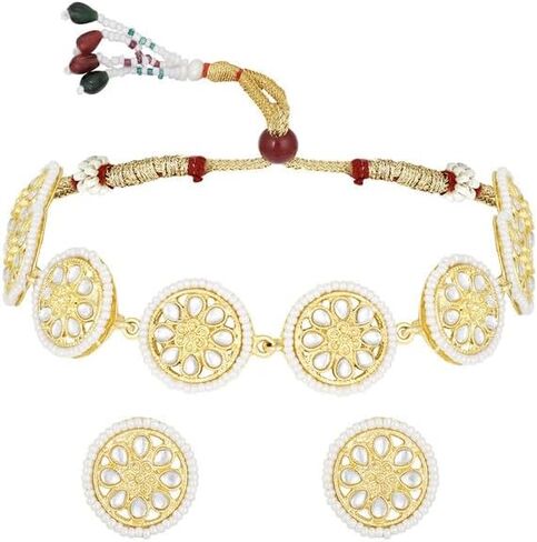 Aheli Gold Plated White Kundan Beads Studded Choker Necklace Stud Earrings Set Ethnic Function Fashion Jewellery Gift for Women in Kuwait