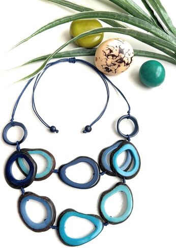 Tagua Nut necklace in blue, TAG738 Tagua slice Necklace, adjustable organic eco friendly necklace, blue Tagua nut Jewelry in Kuwait