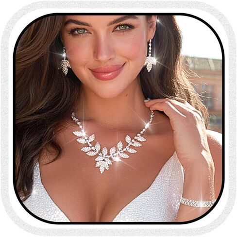 Unicra Silver Wedding Jewelry Sets Rhinestone Necklace Earrings Bracelet Set Prom Formal Costume Jewelry for Women and Brides in Kuwait