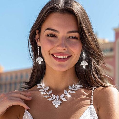 Unicra Silver Wedding Jewelry Sets Rhinestone Necklace Earrings Bracelet Set Prom Formal Costume Jewelry for Women and Brides in Kuwait