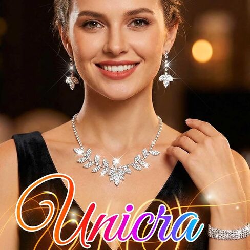 Unicra Silver Wedding Jewelry Sets Rhinestone Necklace Earrings Bracelet Set Prom Formal Costume Jewelry for Women and Brides in Kuwait