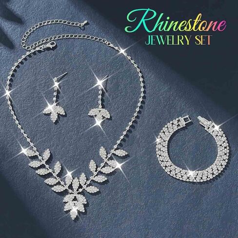Unicra Silver Wedding Jewelry Sets Rhinestone Necklace Earrings Bracelet Set Prom Formal Costume Jewelry for Women and Brides in Kuwait