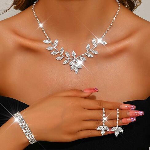 Unicra Silver Wedding Jewelry Sets Rhinestone Necklace Earrings Bracelet Set Prom Formal Costume Jewelry for Women and Brides in Kuwait