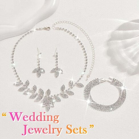 Unicra Silver Wedding Jewelry Sets Rhinestone Necklace Earrings Bracelet Set Prom Formal Costume Jewelry for Women and Brides in Kuwait