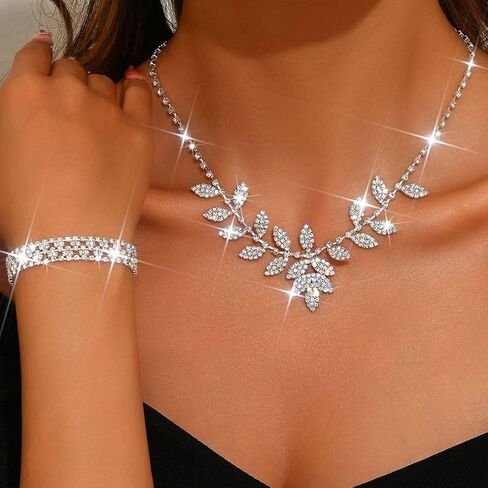 Unicra Silver Wedding Jewelry Sets Rhinestone Necklace Earrings Bracelet Set Prom Formal Costume Jewelry for Women and Brides in Kuwait