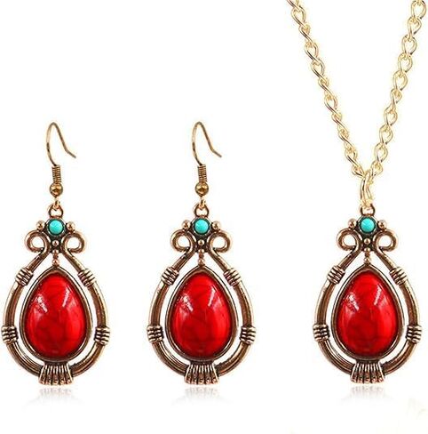 1 Set Classic Bohemian Red Western Jewelry, Delicate Chic Dainty Antique Statement Teardrop Gemstone Dangle Necklace and Earrings Set, Red Western Jewelry for Women in Saudi Arabia