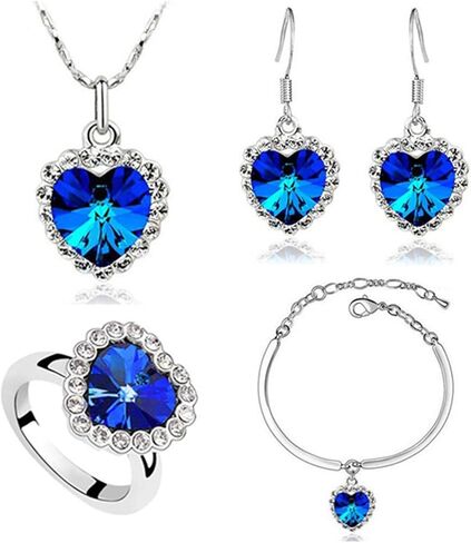 Heart of The Ocean Necklace Earrings Bracelet and Rings Jewelry Set, Jewelry Set Silver Plated Sapphire Blue Crystal Pendant Necklace Wedding Prom Jewelry Gifts for Women in Kuwait