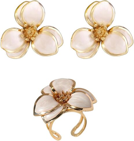 coadipress Bohemian Flower Earrings Ring Set Dainty Trendy 14K Gold Plated Boho Petal Statement Stud Earrings Adjustable Open White Floral Flower Ring Wedding Holiday Jewelry in Kuwait