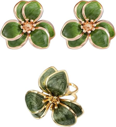coadipress Bohemian Flower Earrings Ring Set Dainty Trendy 14K Gold Plated Boho Petal Statement Stud Earrings Adjustable Open White Floral Flower Ring Wedding Holiday Jewelry in Kuwait