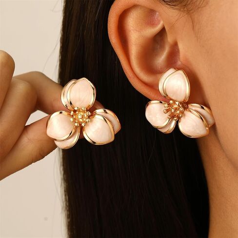 coadipress Bohemian Flower Earrings Ring Set Dainty Trendy 14K Gold Plated Boho Petal Statement Stud Earrings Adjustable Open White Floral Flower Ring Wedding Holiday Jewelry in Kuwait