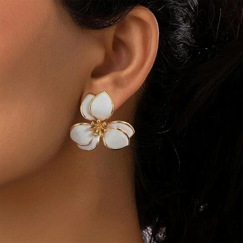 coadipress Bohemian Flower Earrings Ring Set Dainty Trendy 14K Gold Plated Boho Petal Statement Stud Earrings Adjustable Open White Floral Flower Ring Wedding Holiday Jewelry in Kuwait