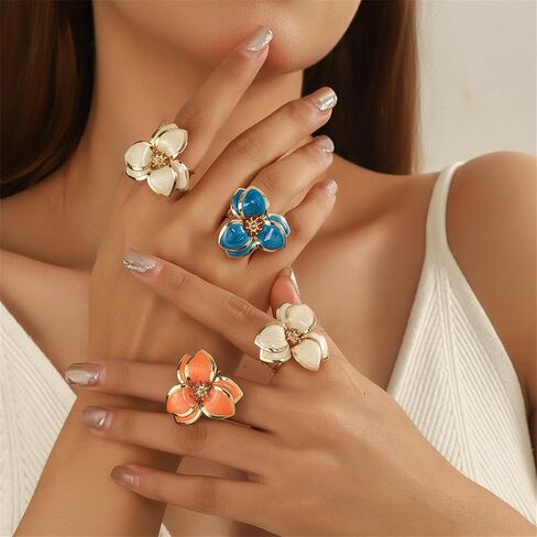coadipress Bohemian Flower Earrings Ring Set Dainty Trendy 14K Gold Plated Boho Petal Statement Stud Earrings Adjustable Open White Floral Flower Ring Wedding Holiday Jewelry in Kuwait