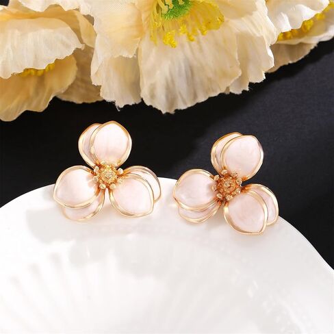 coadipress Bohemian Flower Earrings Ring Set Dainty Trendy 14K Gold Plated Boho Petal Statement Stud Earrings Adjustable Open White Floral Flower Ring Wedding Holiday Jewelry in Kuwait