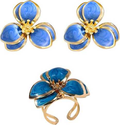 coadipress Bohemian Flower Earrings Ring Set Dainty Trendy 14K Gold Plated Boho Petal Statement Stud Earrings Adjustable Open White Floral Flower Ring Wedding Holiday Jewelry in Kuwait