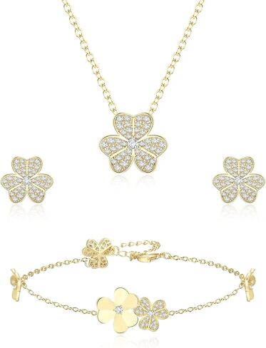 مجموعة EleQueen Heart Clover للنساء، قلادة مكعبة الزركونيا مطلية بالفضة وأقراط وسوار مجموعات مجوهرات مضادة للحساسية هدية لعيد الحب/عيد الأم/عيد الميلاد in Kuwait
