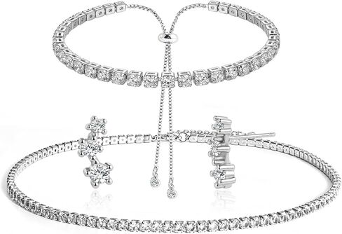 Silver Tennis Necklace Set for Women Tennis Bracelets Diamond Earrings Silver Necklace Hypoallergenic Rhinestone Wedding Jewelry for Brides Bridesmaids Prom Gift in Kuwait