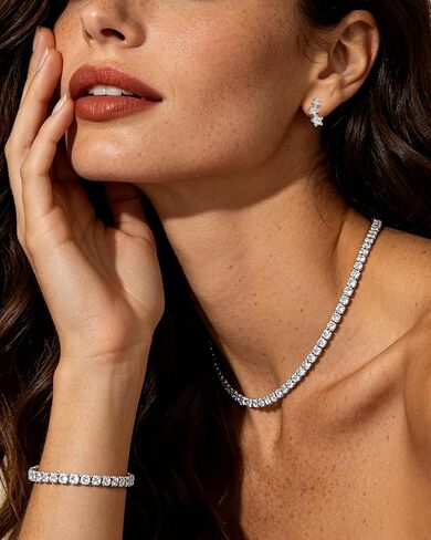 Silver Tennis Necklace Set for Women Tennis Bracelets Diamond Earrings Silver Necklace Hypoallergenic Rhinestone Wedding Jewelry for Brides Bridesmaids Prom Gift in Kuwait