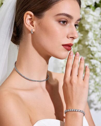 Silver Tennis Necklace Set for Women Tennis Bracelets Diamond Earrings Silver Necklace Hypoallergenic Rhinestone Wedding Jewelry for Brides Bridesmaids Prom Gift in Kuwait