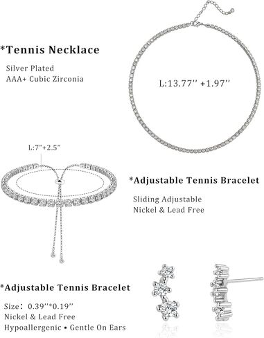Silver Tennis Necklace Set for Women Tennis Bracelets Diamond Earrings Silver Necklace Hypoallergenic Rhinestone Wedding Jewelry for Brides Bridesmaids Prom Gift in Kuwait