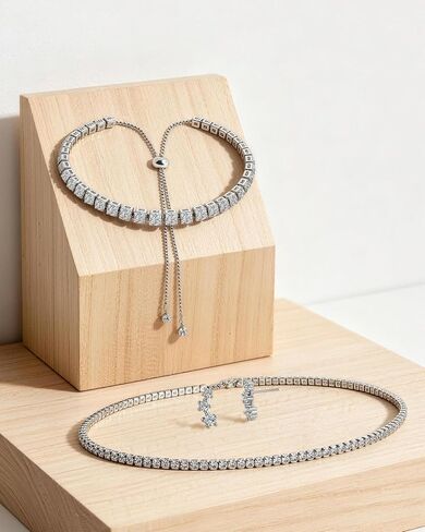 Silver Tennis Necklace Set for Women Tennis Bracelets Diamond Earrings Silver Necklace Hypoallergenic Rhinestone Wedding Jewelry for Brides Bridesmaids Prom Gift in Kuwait