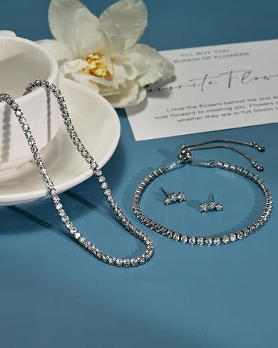 Silver Tennis Necklace Set for Women Tennis Bracelets Diamond Earrings Silver Necklace Hypoallergenic Rhinestone Wedding Jewelry for Brides Bridesmaids Prom Gift in Kuwait