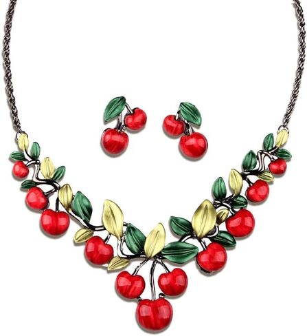 3D Red Cherry Earring Necklace Set For Women Cute Fruit Cherry Stud Earrings Dripping oil Red Cherry Earring Cherry Pendant Necklace Christmas Party Wedding Gift (Cherry) in Kuwait