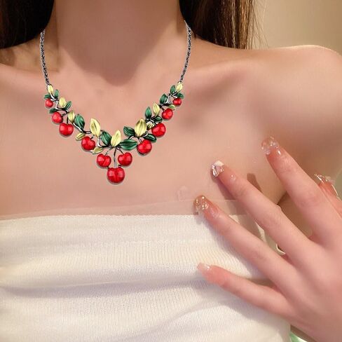 3D Red Cherry Earring Necklace Set For Women Cute Fruit Cherry Stud Earrings Dripping oil Red Cherry Earring Cherry Pendant Necklace Christmas Party Wedding Gift (Cherry) in Kuwait