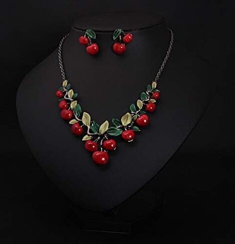 3D Red Cherry Earring Necklace Set For Women Cute Fruit Cherry Stud Earrings Dripping oil Red Cherry Earring Cherry Pendant Necklace Christmas Party Wedding Gift (Cherry) in Kuwait
