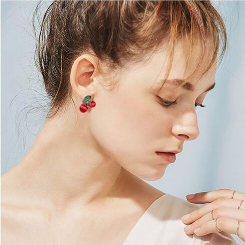 3D Red Cherry Earring Necklace Set For Women Cute Fruit Cherry Stud Earrings Dripping oil Red Cherry Earring Cherry Pendant Necklace Christmas Party Wedding Gift (Cherry) in Kuwait