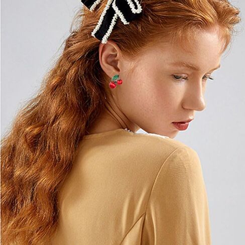 3D Red Cherry Earring Necklace Set For Women Cute Fruit Cherry Stud Earrings Dripping oil Red Cherry Earring Cherry Pendant Necklace Christmas Party Wedding Gift (Cherry) in Kuwait