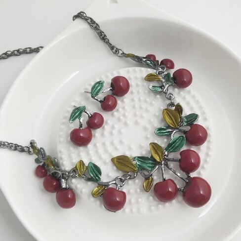 3D Red Cherry Earring Necklace Set For Women Cute Fruit Cherry Stud Earrings Dripping oil Red Cherry Earring Cherry Pendant Necklace Christmas Party Wedding Gift (Cherry) in Kuwait