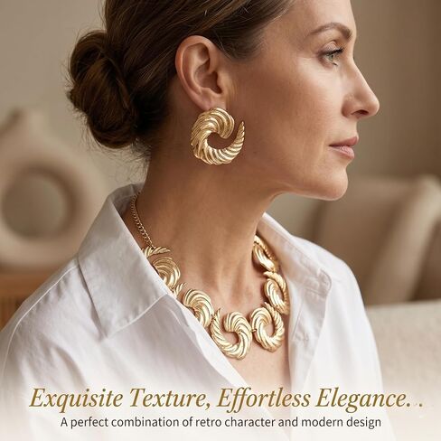 Chunky Earrings and Necklace Sets for Women Statement Gold Spiral Jewelry Sets Vintage Geometric Hammered Adjustable Jewelry Set for Women in Saudi Arabia