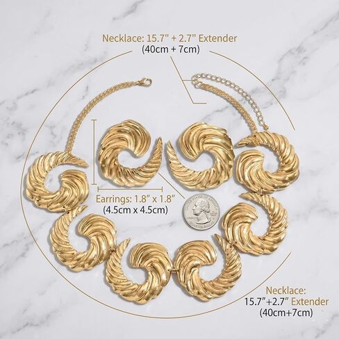 Chunky Earrings and Necklace Sets for Women Statement Gold Spiral Jewelry Sets Vintage Geometric Hammered Adjustable Jewelry Set for Women in Saudi Arabia
