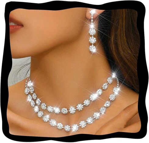 Nicute Rhinestone Jewelry Set Sparkly Necklace Earrings Set Fashion Wedding Prom Party Jewelry for Women (Silver) in Kuwait