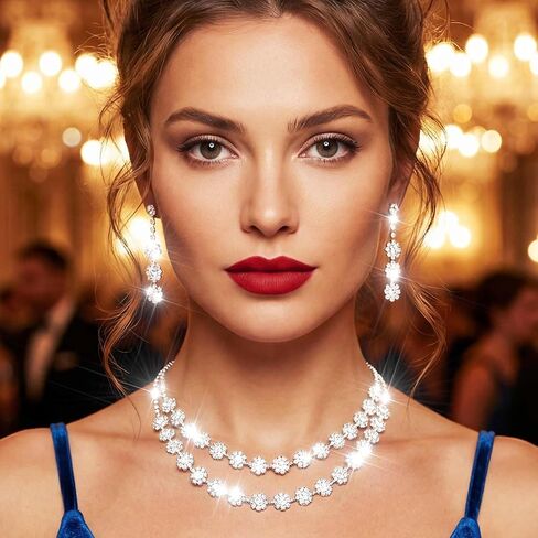 Nicute Rhinestone Jewelry Set Sparkly Necklace Earrings Set Fashion Wedding Prom Party Jewelry for Women (Silver) in Kuwait