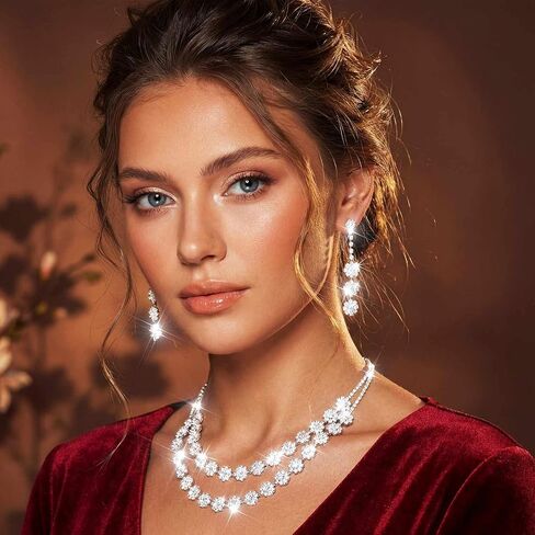 Nicute Rhinestone Jewelry Set Sparkly Necklace Earrings Set Fashion Wedding Prom Party Jewelry for Women (Silver) in Kuwait