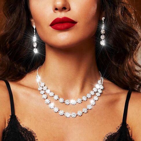 Nicute Rhinestone Jewelry Set Sparkly Necklace Earrings Set Fashion Wedding Prom Party Jewelry for Women (Silver) in Kuwait
