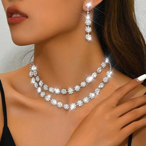 Nicute Rhinestone Jewelry Set Sparkly Necklace Earrings Set Fashion Wedding Prom Party Jewelry for Women (Silver) in Kuwait