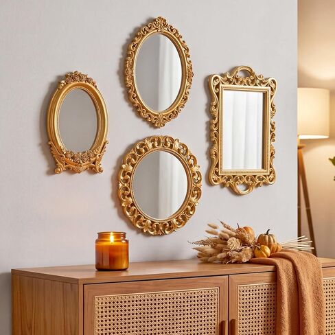 Tellegloww 4 Pcs Vintage Gold Mirrors Set with 8-pairs Picture Hanging Strips, Retro Distressed Gold Mirrors with Relief Flower & Acanthus Patterns for Bedroom, Living Room, Bath, Farmhouse Wall Decor in Kuwait