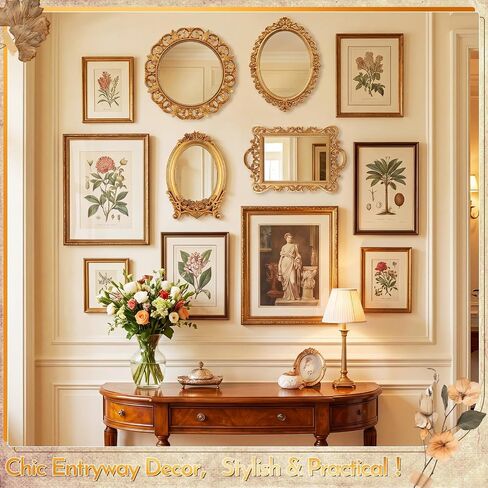 Tellegloww 4 Pcs Vintage Gold Mirrors Set with 8-pairs Picture Hanging Strips, Retro Distressed Gold Mirrors with Relief Flower & Acanthus Patterns for Bedroom, Living Room, Bath, Farmhouse Wall Decor in Kuwait
