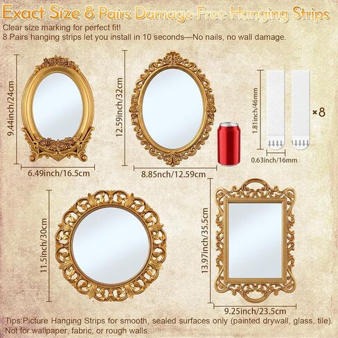 Tellegloww 4 Pcs Vintage Gold Mirrors Set with 8-pairs Picture Hanging Strips, Retro Distressed Gold Mirrors with Relief Flower & Acanthus Patterns for Bedroom, Living Room, Bath, Farmhouse Wall Decor in Kuwait