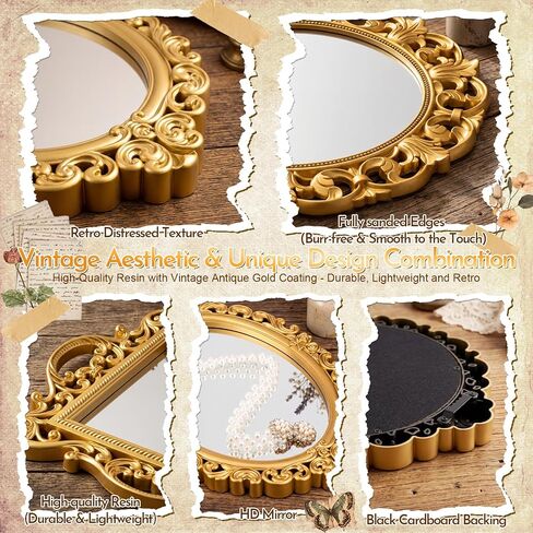 Tellegloww 4 Pcs Vintage Gold Mirrors Set with 8-pairs Picture Hanging Strips, Retro Distressed Gold Mirrors with Relief Flower & Acanthus Patterns for Bedroom, Living Room, Bath, Farmhouse Wall Decor in Kuwait
