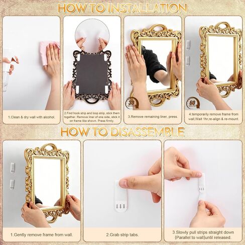 Tellegloww 4 Pcs Vintage Gold Mirrors Set with 8-pairs Picture Hanging Strips, Retro Distressed Gold Mirrors with Relief Flower & Acanthus Patterns for Bedroom, Living Room, Bath, Farmhouse Wall Decor in Kuwait