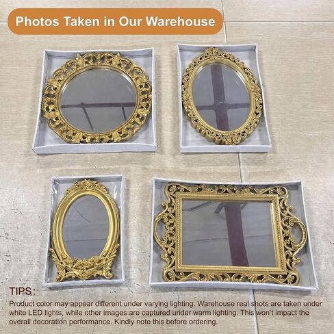 Tellegloww 4 Pcs Vintage Gold Mirrors Set with 8-pairs Picture Hanging Strips, Retro Distressed Gold Mirrors with Relief Flower & Acanthus Patterns for Bedroom, Living Room, Bath, Farmhouse Wall Decor in Kuwait