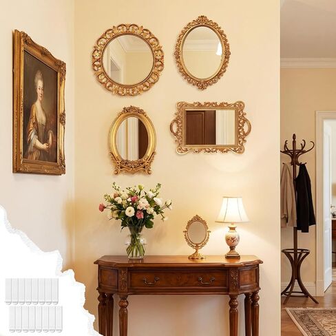 Tellegloww 4 Pcs Vintage Gold Mirrors Set with 8-pairs Picture Hanging Strips, Retro Distressed Gold Mirrors with Relief Flower & Acanthus Patterns for Bedroom, Living Room, Bath, Farmhouse Wall Decor in Kuwait