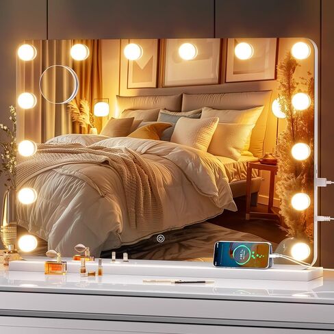 ouboyo Hollywood Vanity Mirror, 28" x 20" Lighted Tabletop or Wall Mount Make Up Mirrors,14 Replaceable LED Bulbs, 3 Dimmable Light Modes Vanity Mirror, Smart Touch Control, USB Type-C Charging Port in Kuwait