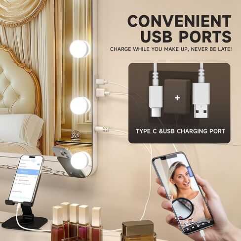 ouboyo Hollywood Vanity Mirror, 28" x 20" Lighted Tabletop or Wall Mount Make Up Mirrors,14 Replaceable LED Bulbs, 3 Dimmable Light Modes Vanity Mirror, Smart Touch Control, USB Type-C Charging Port in Kuwait