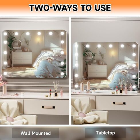 ouboyo Hollywood Vanity Mirror, 28" x 20" Lighted Tabletop or Wall Mount Make Up Mirrors,14 Replaceable LED Bulbs, 3 Dimmable Light Modes Vanity Mirror, Smart Touch Control, USB Type-C Charging Port in Kuwait