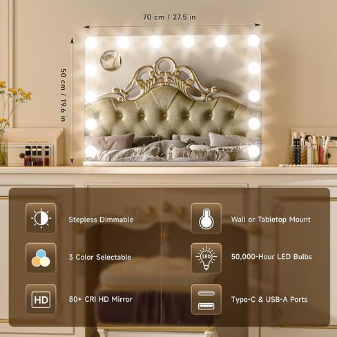 ouboyo Hollywood Vanity Mirror, 28" x 20" Lighted Tabletop or Wall Mount Make Up Mirrors,14 Replaceable LED Bulbs, 3 Dimmable Light Modes Vanity Mirror, Smart Touch Control, USB Type-C Charging Port in Kuwait